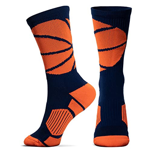 ChalkTalkSPORTS Basketball Performance Crew Socks - Mid-Calf Socks - Adult - Navy and Neon Orange - Image 1