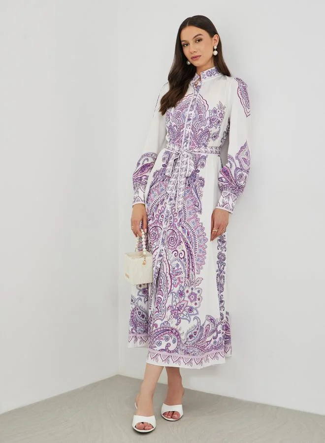 Take Two Take Two Floral Print Long Sleeve Tie Belt Maxi Dress