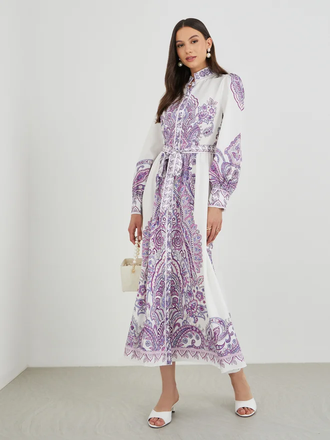 Take Two Take Two Floral Print Long Sleeve Tie Belt Maxi Dress