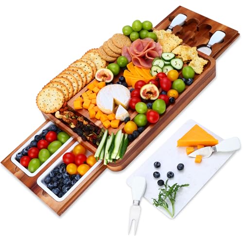 hecef Cheese Board Set Acacia Wood - Large Charcuterie Board with Stainless Steel Knife Set, Thick Wooden Server - Fancy House Warming, Birthday Choice for Gourmets - Image 1