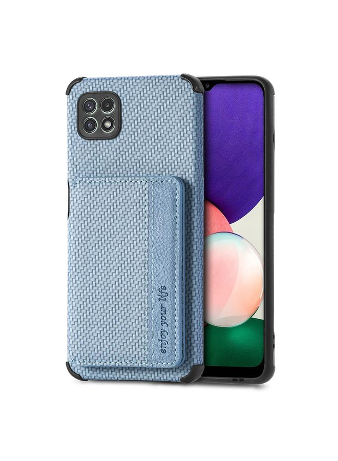 The Bros Case For Samsung Galaxy A22 5G Carbon Fiber Magnetic Card Bag TPU+PU Shockproof Back Cover Case with Holder & Card Slot & Photo Frame 
