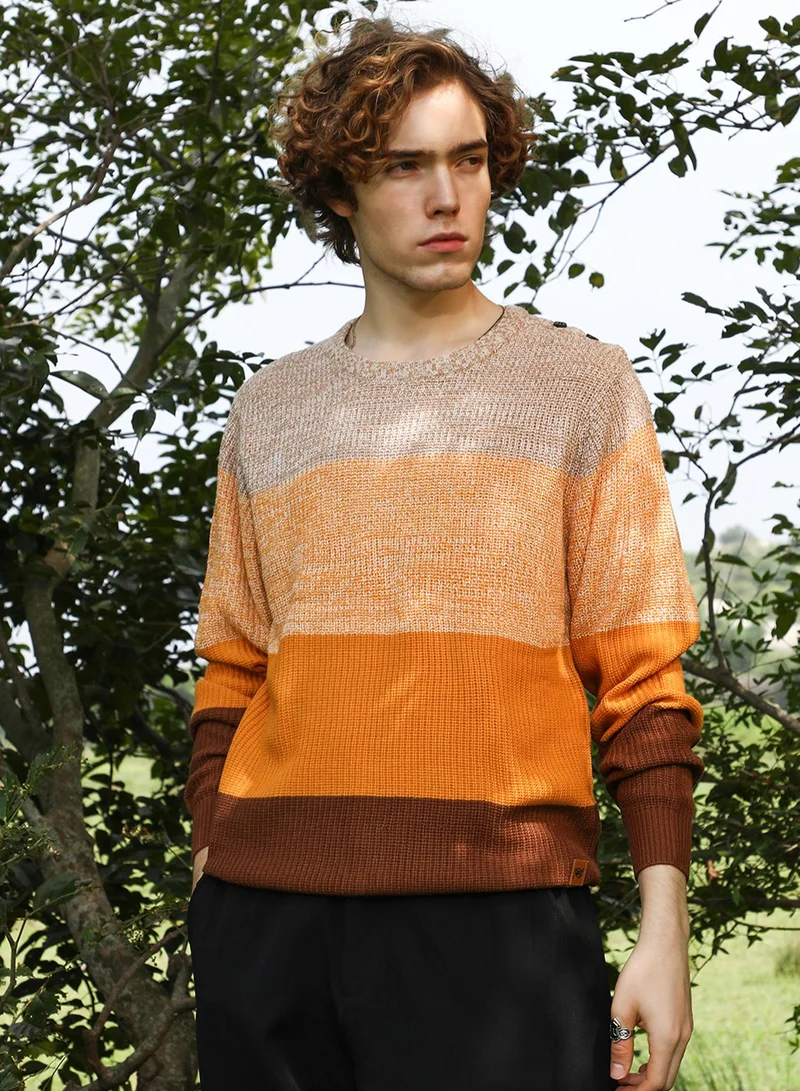 Campus Sutra Men's Pumpkin Orange & Chocolate Brown Contrast Panel Pullover Sweater