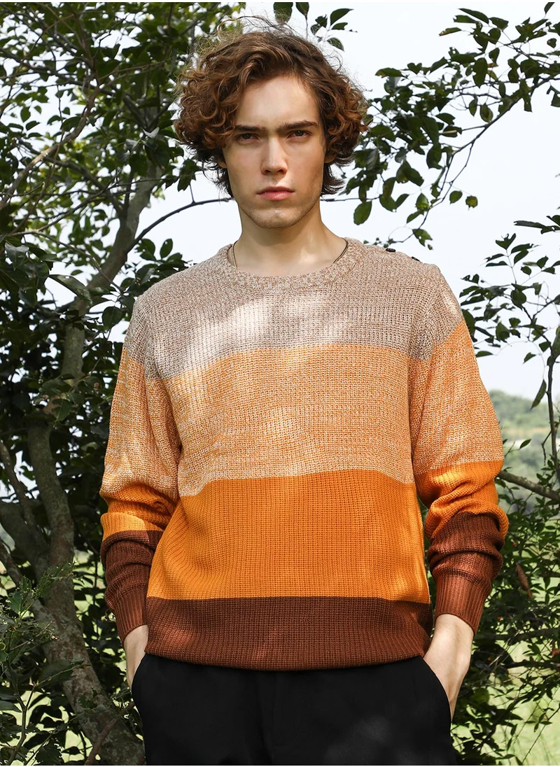 Campus Sutra Men's Pumpkin Orange & Chocolate Brown Contrast Panel Pullover Sweater