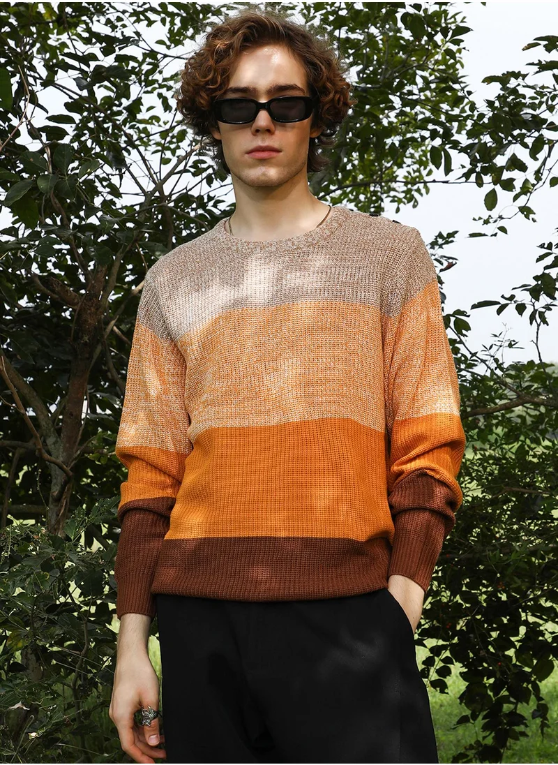 Campus Sutra Men's Pumpkin Orange & Chocolate Brown Contrast Panel Pullover Sweater