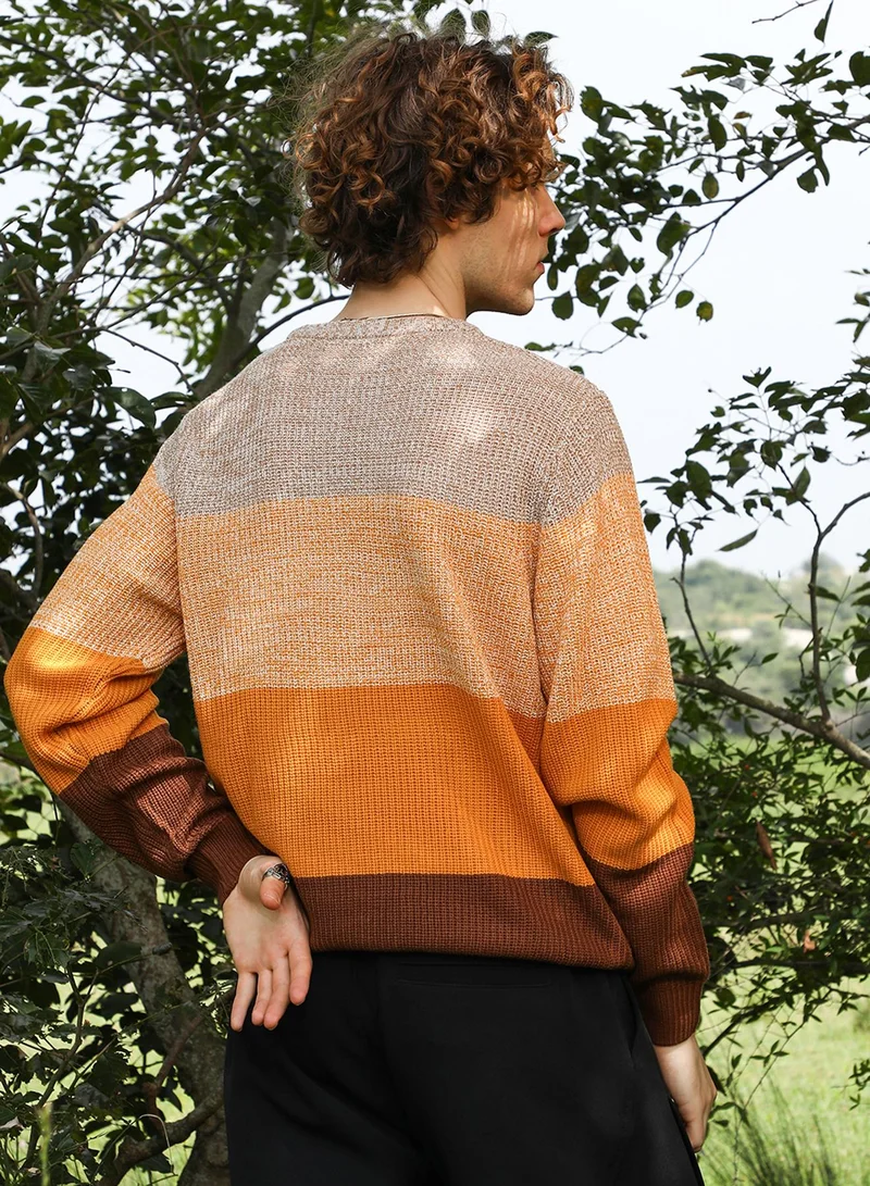 Campus Sutra Men's Pumpkin Orange & Chocolate Brown Contrast Panel Pullover Sweater
