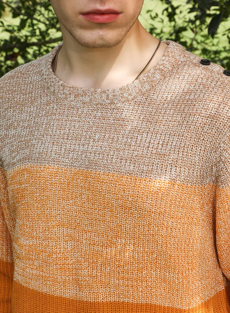 Campus Sutra Men's Pumpkin Orange & Chocolate Brown Contrast Panel Pullover Sweater