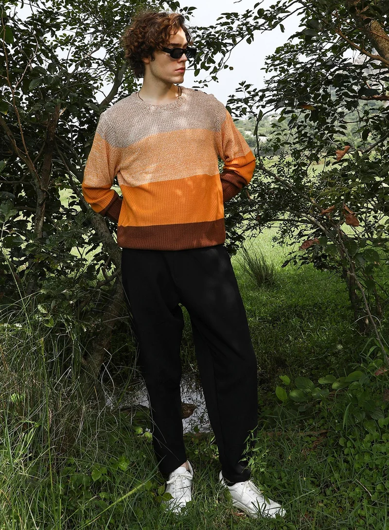 Campus Sutra Men's Pumpkin Orange & Chocolate Brown Contrast Panel Pullover Sweater
