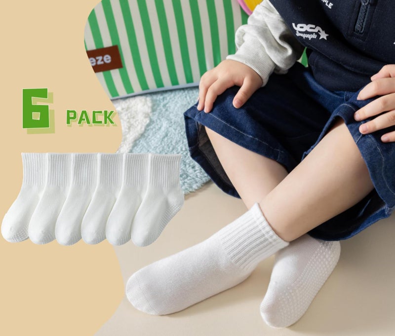 Wamvp Toddler Grip Socks with Non-Slip, Unisex Baby Retro Stripe Seamless Crew Ankle Cotton Socks for Girls Boys 6 Pairs,Pure White 3-5T - Image 5