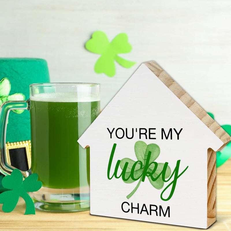 CIANMGD St. Patrick's Day Decor  Shamrock Decorations  Lucky Charm House Shaped Wood Block Sign  Home Decor for Desk Table Shelf  St Patricks Day Decorations - Image 3