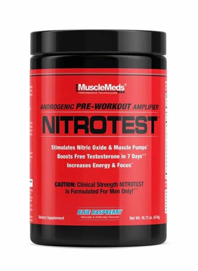 MUSCLEMEDS Nitrotest, Androgenic Pre-Workout Amplifier, Blue Raspberry, 30 Servings 