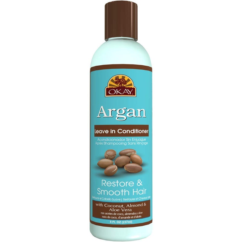 OKAY  Argan Leave In Conditioner  For All Hair Types  Textures  Restore Hydrate  Smooth Hair  With Coconut Almond  Aloe Vera  Free Of Parabens Silicones Sulfates  8 Oz