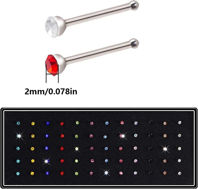 cnomg 2 Sets 120 pcs Stainless Steel Nose Ring Body Piercing Jewelry Nose Bone Stud Nose Hoop Crystal Hypoallergenic White+Multicolor - Image 2