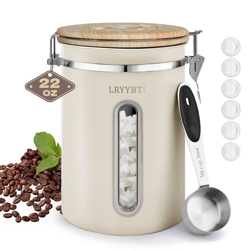 LRYYBTI Coffee Canisters with Window,Scoop and Airtight Lid Stainless Steel Kitchen Bean Storage Grounds Container Date Tracker and Scoop for Grounds Coffee Bar Accessories (Cream+window, 22 oz) - Image 1