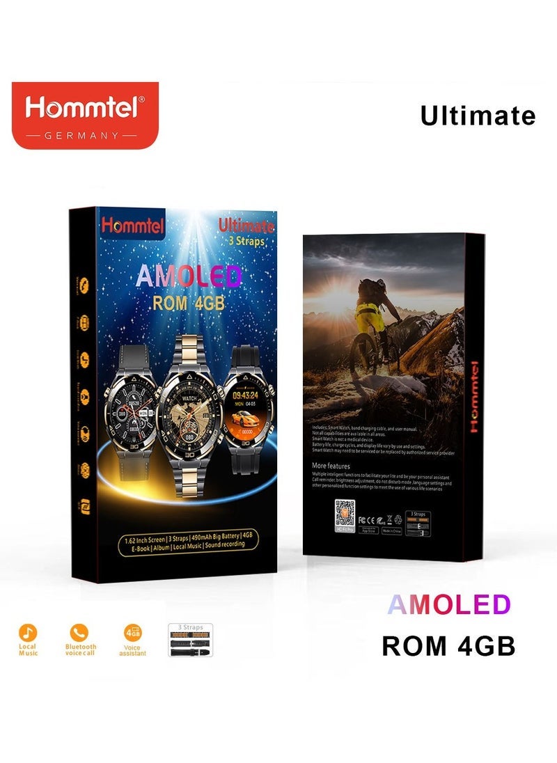 Hommtel - 3 Straps AMOLED Smart Watch with 4GB Storage – Sleek Touchscreen Display, Fitness Tracker, Heart Rate Monitor, Waterproof, Customizable Straps, and Long Battery Life – Ideal for Men and Women - Image 1
