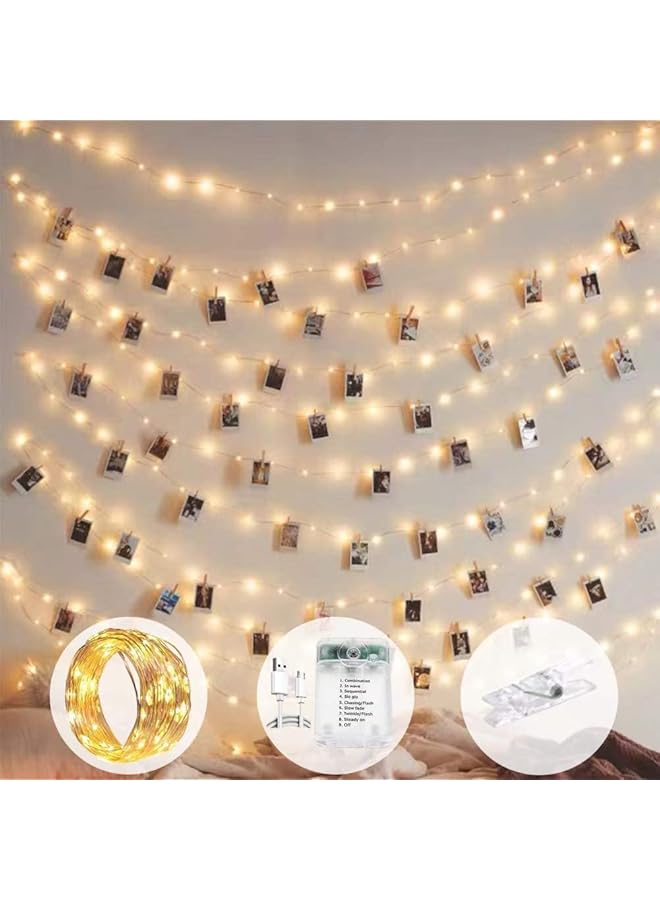 erorex 10M 100 Led 8 Modes Battery And Usb Operated Photo Clip Fairy String Light For Hanging Pictures Cards Memos And Artwork With 50 Clips Warm White - Image 1
