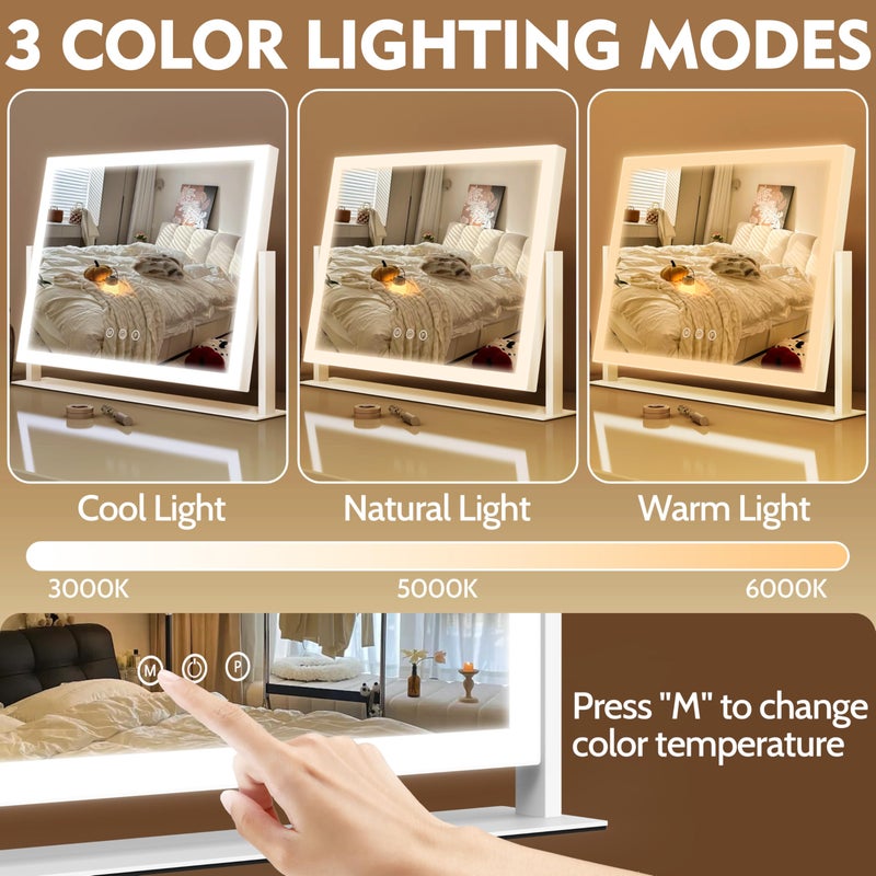 ROLOVE Lighted Makeup Mirror 16.3"x12.6", Hollywood Vanity Mirror with 10X Magnifier, 3 Color LED Lighting Modes, Smart Touch Control & 360Â° Rotation, Tabletop Makeup Mirror (White, Gift Ready) - Image 3