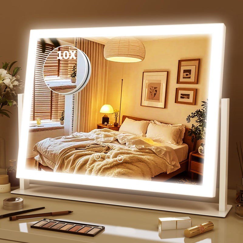 ROLOVE Lighted Makeup Mirror 16.3"x12.6", Hollywood Vanity Mirror with 10X Magnifier, 3 Color LED Lighting Modes, Smart Touch Control & 360Â° Rotation, Tabletop Makeup Mirror (White, Gift Ready) - Image 1