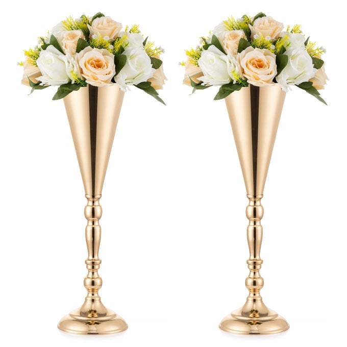 GOLD VASE CENTERPIECE TABLE DECORATIONS 2 PCS METAL TABLETOP FLOWER STAND WEDDING DECORATIONS FOR RECEPTION 165IN TRUMPET TALL FLOWER VASE FOR BIRTHDAY WEDDINGS ANNIVERSARY CEREMONY HOME DECOR