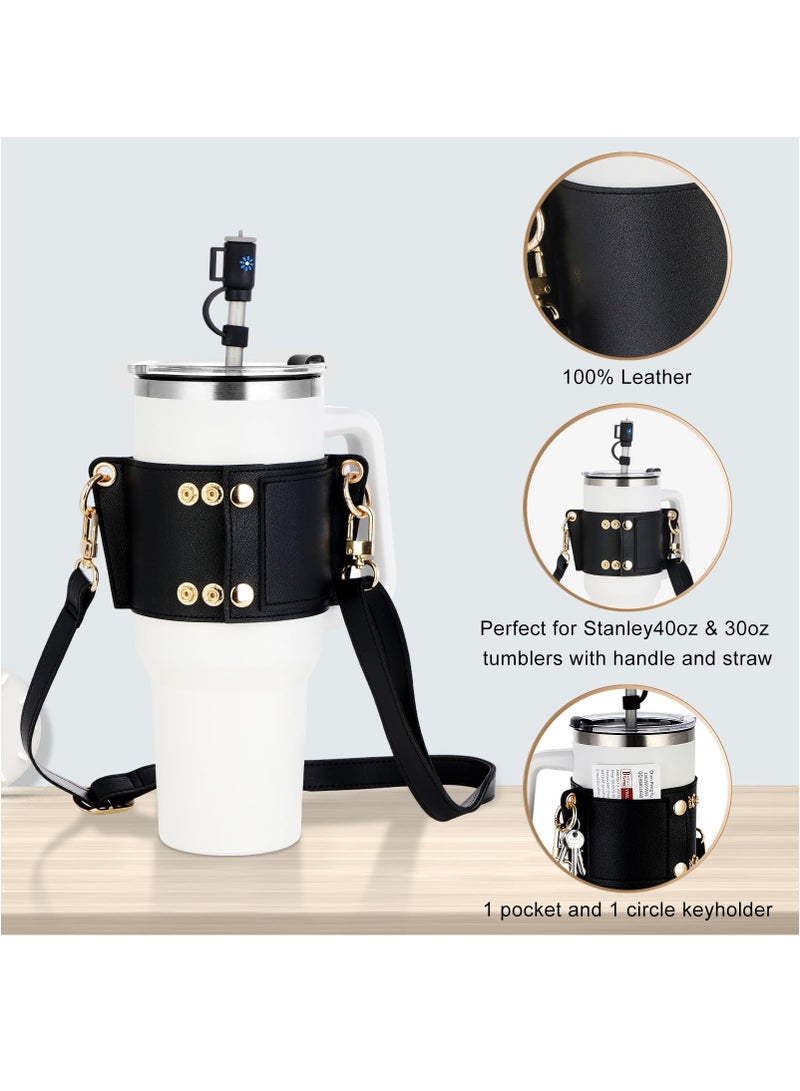 SOLARAE Water Bottle Holder for Stanley Tumbler, Leather Carrier Strap Compatible with Stanley 40 oz 30 oz Cup with Handle, Adjustable Strap, Credit Card Holder, Keyring, Straw Cover, Black - Image 2