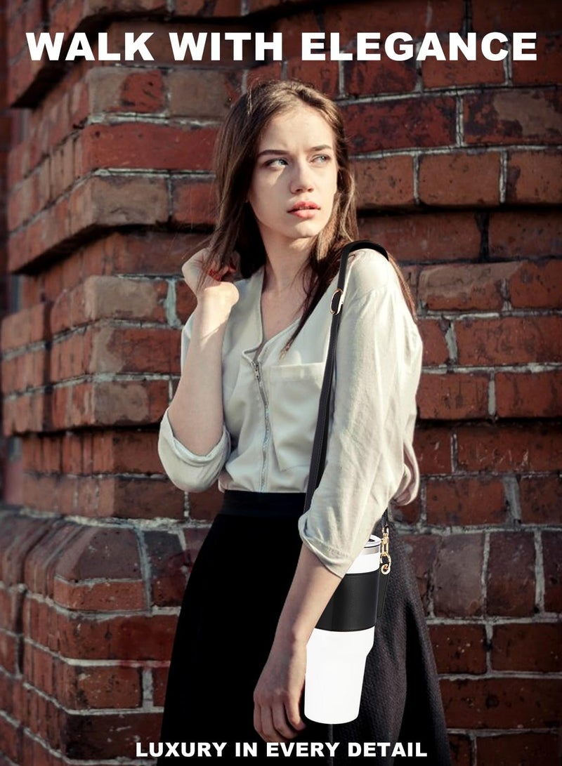 SOLARAE Water Bottle Holder for Stanley Tumbler, Leather Carrier Strap Compatible with Stanley 40 oz 30 oz Cup with Handle, Adjustable Strap, Credit Card Holder, Keyring, Straw Cover, Black - Image 5