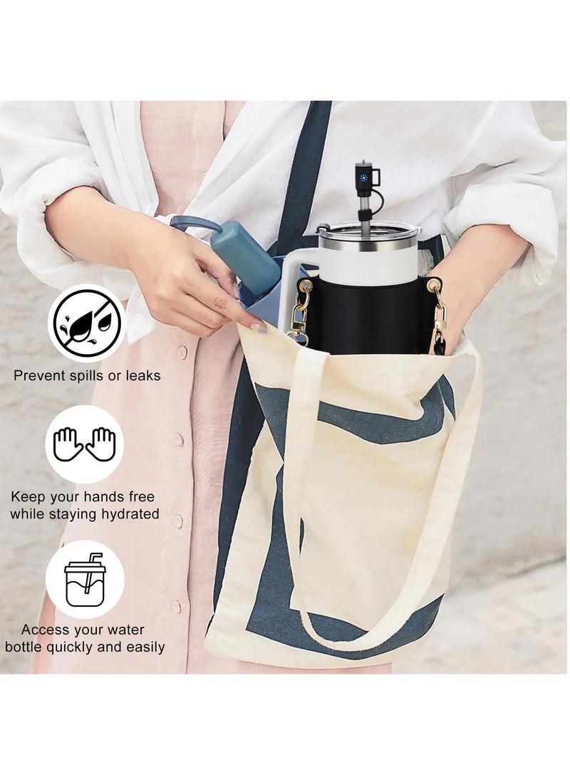 SOLARAE Water Bottle Holder for Stanley Tumbler, Leather Carrier Strap Compatible with Stanley 40 oz 30 oz Cup with Handle, Adjustable Strap, Credit Card Holder, Keyring, Straw Cover, Black - Image 3