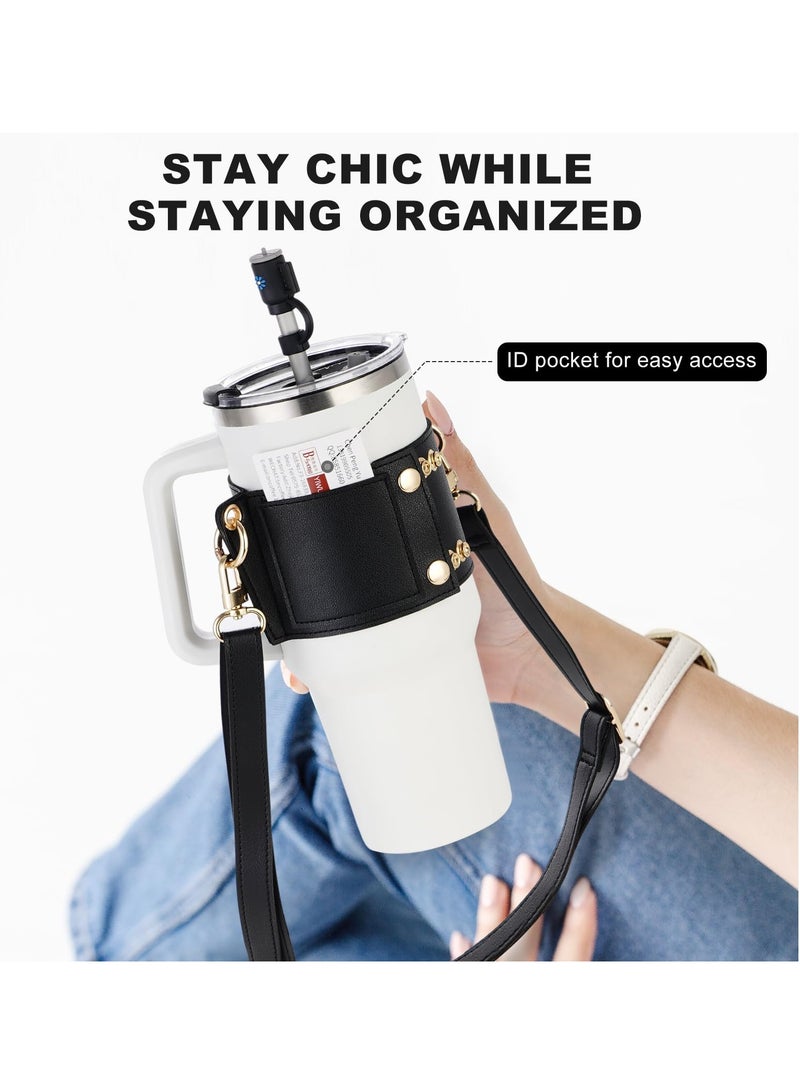 SOLARAE Water Bottle Holder for Stanley Tumbler, Leather Carrier Strap Compatible with Stanley 40 oz 30 oz Cup with Handle, Adjustable Strap, Credit Card Holder, Keyring, Straw Cover, Black - Image 4