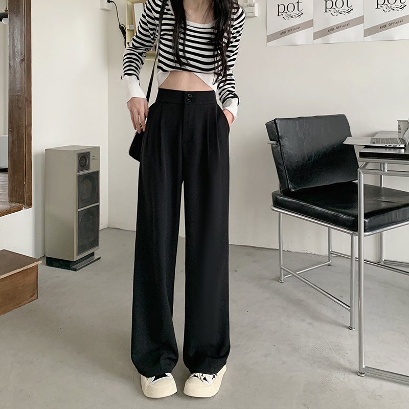 Summer New Small Elastic Waist Wide Leg Pants Womens High Waist Loose Slimming Pants C36 Black