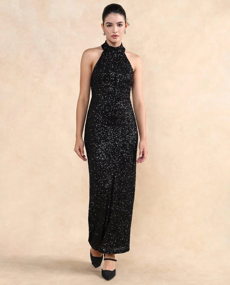 ريريزم Women's Black Sequined Halter Neck Maxi Dress