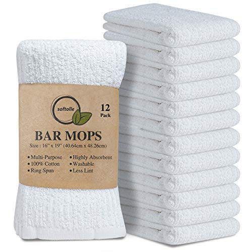 Softolle Bar Mop Towels Pack of 12  16x19 Inches  100 Cotton White Super Absorbent Towels MultiPurpose for Home and Bar Cleaning White