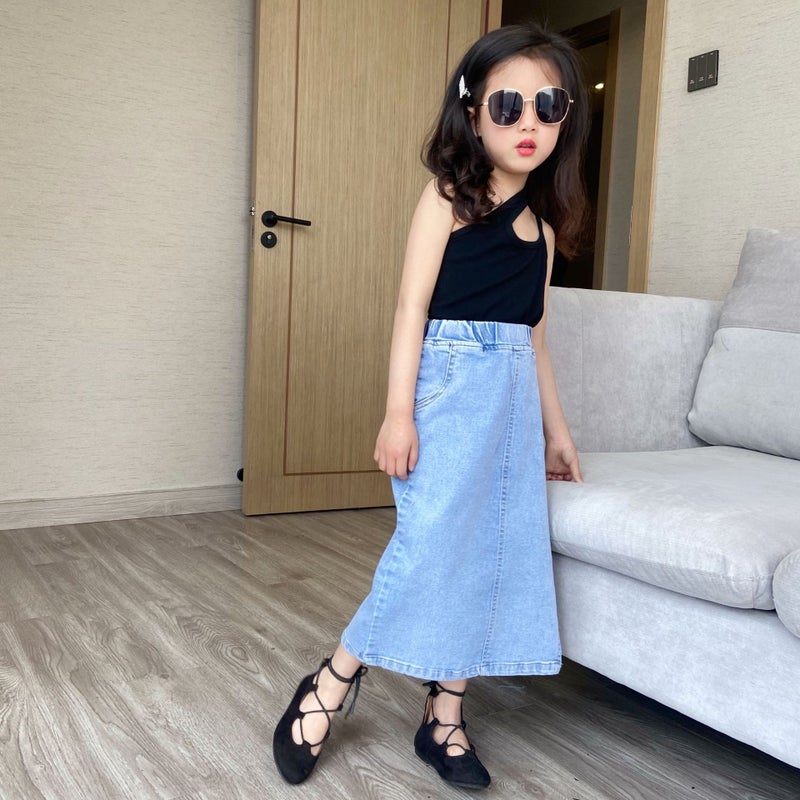 Girls' Sheath Split Denim Skirt 2021 Spring And Korean Style Skirt Western Style Vest - Image 3