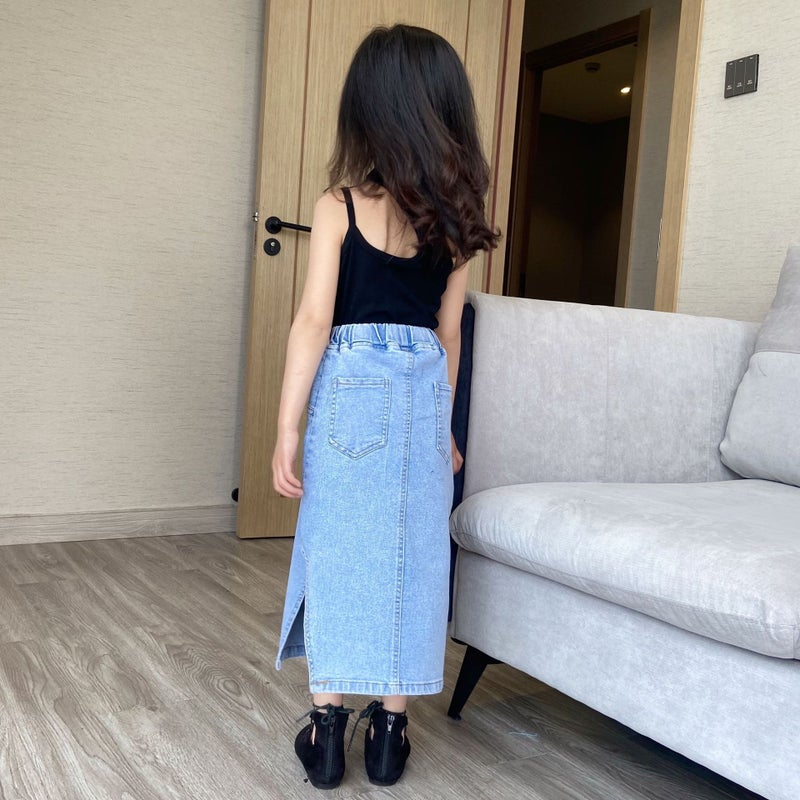 Girls' Sheath Split Denim Skirt 2021 Spring And Korean Style Skirt Western Style Vest - Image 5