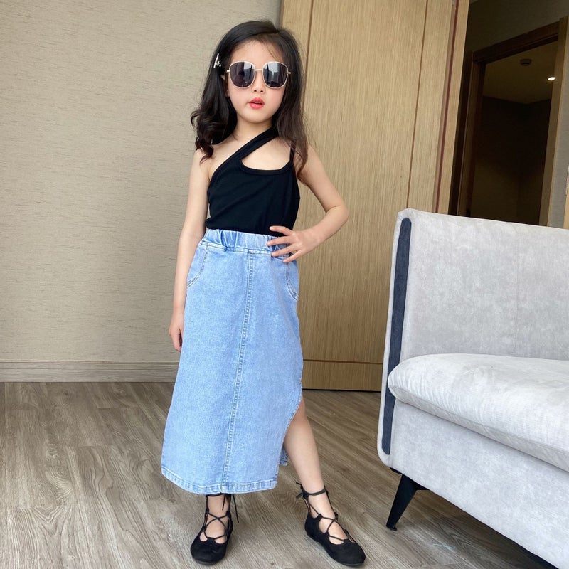 Girls' Sheath Split Denim Skirt 2021 Spring And Korean Style Skirt Western Style Vest - Image 2