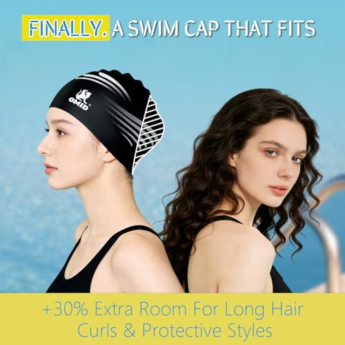 OMID Waterproof Swim Cap for Women with Long Hair - Chemical Resistant Silicone Swimming Cap, UV Protection for Pool Beach, Fits Dreadlocks and Thick Hair (Black) - Image 5