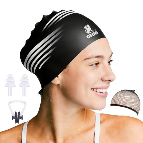 OMID Waterproof Swim Cap for Women with Long Hair - Chemical Resistant Silicone Swimming Cap, UV Protection for Pool Beach, Fits Dreadlocks and Thick Hair (Black) - Image 1