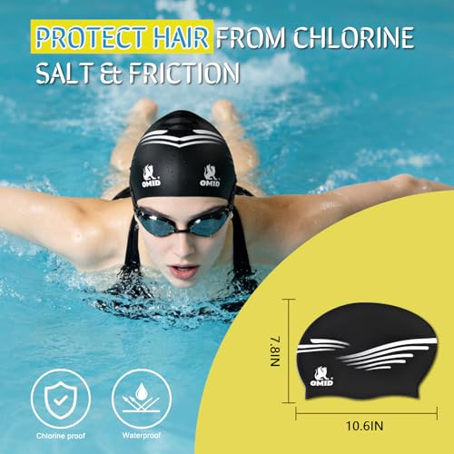 OMID Waterproof Swim Cap for Women with Long Hair - Chemical Resistant Silicone Swimming Cap, UV Protection for Pool Beach, Fits Dreadlocks and Thick Hair (Black) - Image 4