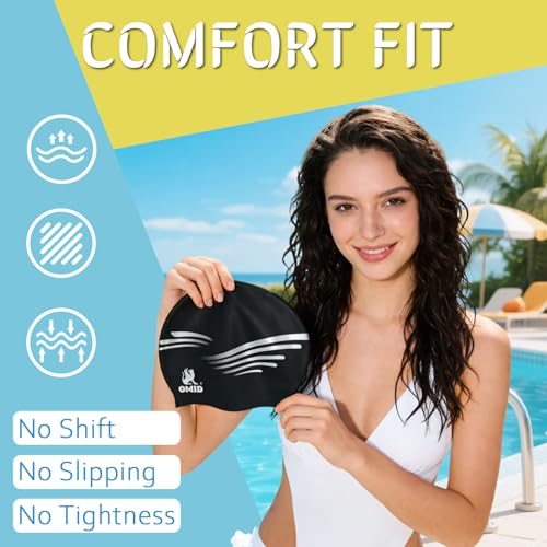 OMID Waterproof Swim Cap for Women with Long Hair - Chemical Resistant Silicone Swimming Cap, UV Protection for Pool Beach, Fits Dreadlocks and Thick Hair (Black) - Image 2