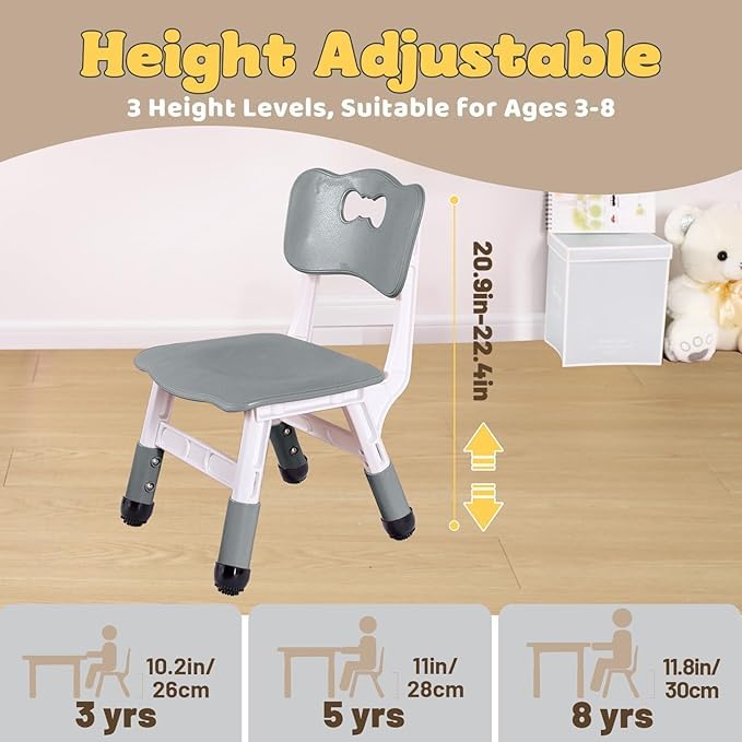 FUNLIO Adjustable Kids Chair (2pcs), 3 Level Height Adjustable Toddler Chair for Ages 3-8, Sturdy Child Chair with Maximum Bearing 220lbs, for Classrooms/Daycares/Homes, CPC & CE Approved - Grey - Image 5