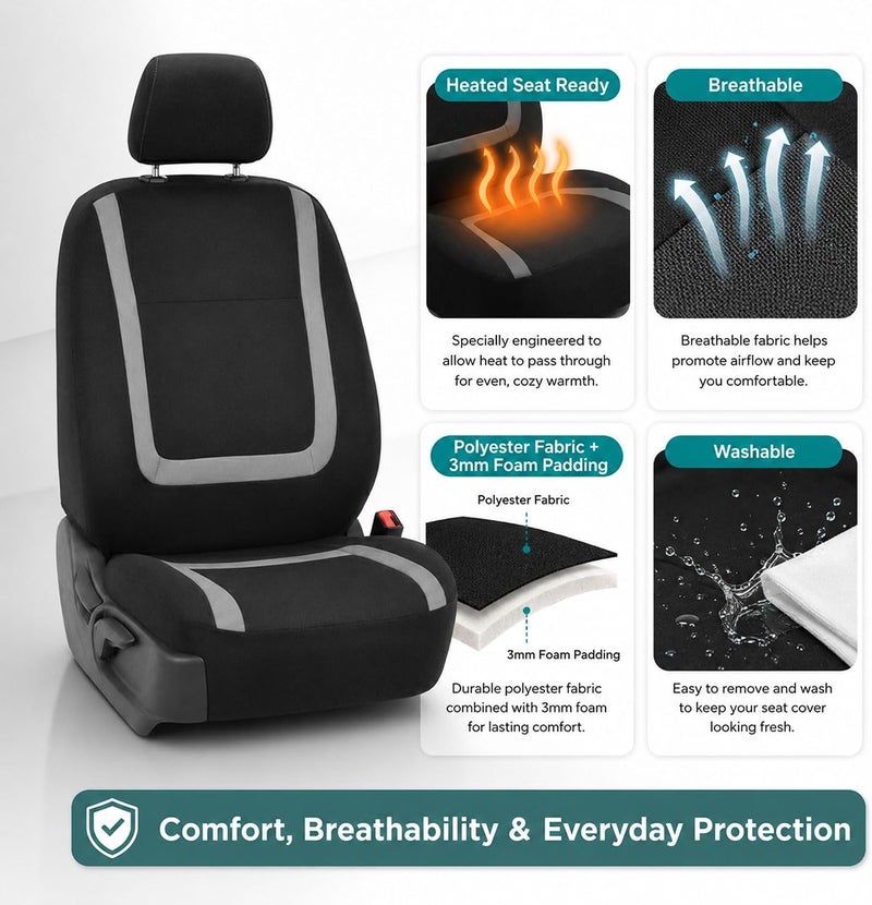 FH Group Car Seat Covers Front Set in Cloth - Car Seat Covers for Low Back Car Seats with Removable Headrest, Universal Fit, Automotive Seat Covers, Washable Car Seat Cover for SUV, Sedan, Van Gray - Image 3
