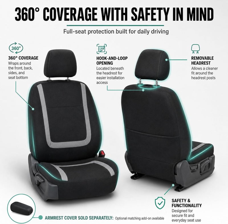 FH Group Car Seat Covers Front Set in Cloth - Car Seat Covers for Low Back Car Seats with Removable Headrest, Universal Fit, Automotive Seat Covers, Washable Car Seat Cover for SUV, Sedan, Van Gray - Image 4