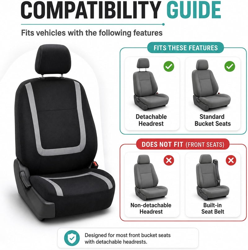 FH Group Car Seat Covers Front Set in Cloth - Car Seat Covers for Low Back Car Seats with Removable Headrest, Universal Fit, Automotive Seat Covers, Washable Car Seat Cover for SUV, Sedan, Van Gray - Image 2