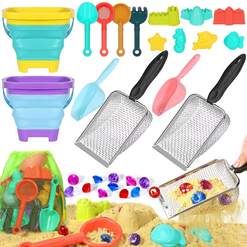 HUITEM Beach Sand Toys for KidsSand toys with 2 Collapsible Beach Bucket2 Beach Sifter ShovelSand Shovel SetSand Castle KitSea Animal MoldsDiving Gem Pool ToyMesh Bag Travel Toys for Toddler 310 - Image 2