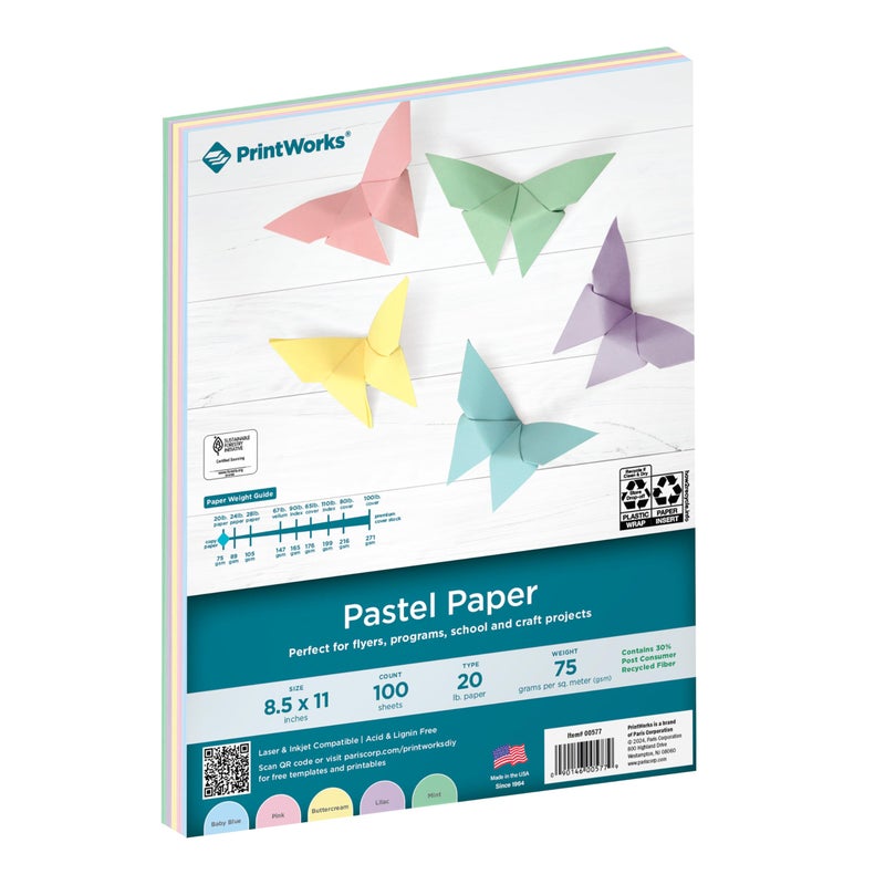 PrintWorks Pastel Paper 8.5" x 11" - 100 Sheets - 5 Assorted Pastel Colors - 30% Recycled Colored Paper - Ideal for School & Craft Projects - Made in the USA - SFIÂ® Certified - 20 lb/75 gsm (00577) - Image 1