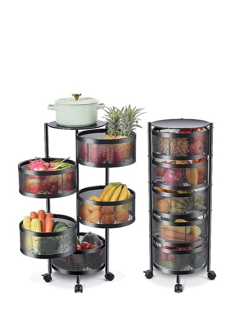 LIYING Multi-Layer Kitchen Storage Shelf, Round Steel Rotating with 4 Movable Wheels, Storage for Fruit and Vegetable Floor-Standing(5F Black)