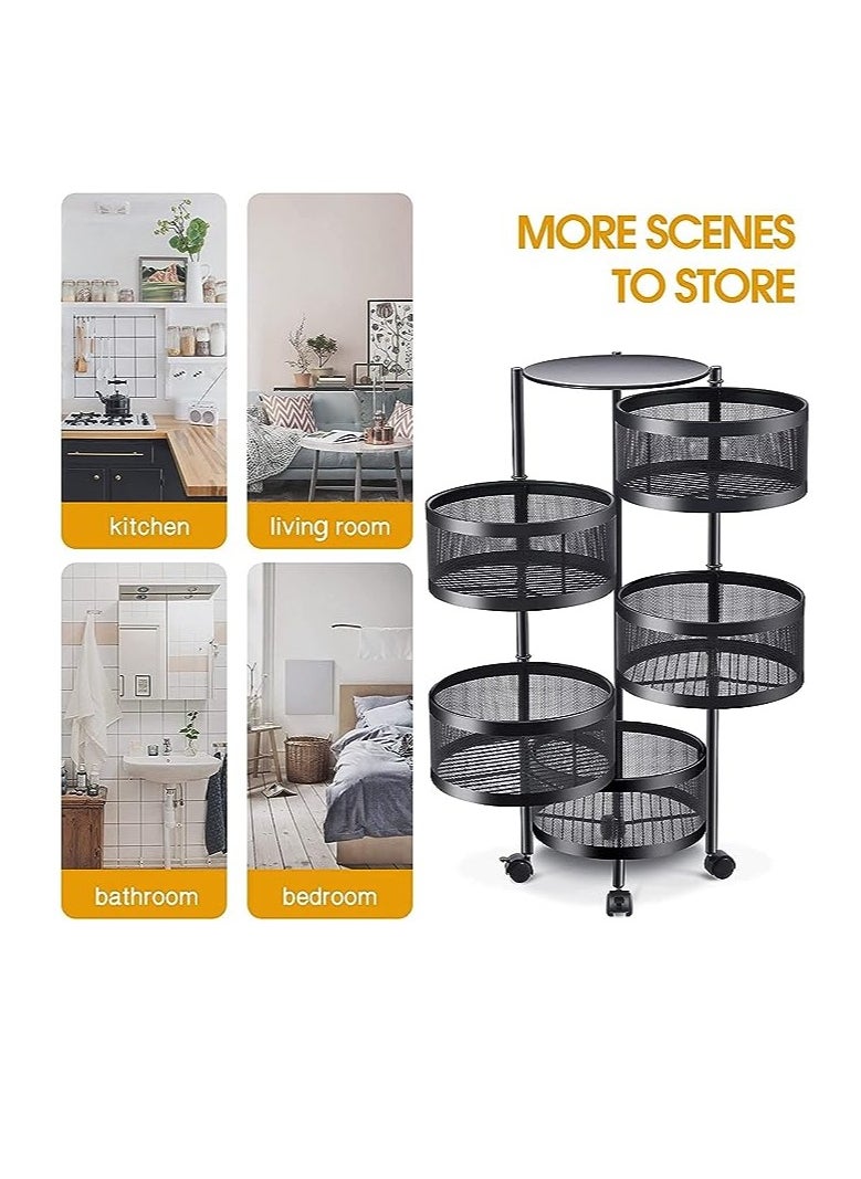 ARNOTEC - LIYING Multi-Layer Kitchen Storage Shelf, Round Steel Rotating with 4 Movable Wheels, Storage for Fruit and Vegetable Floor-Standing(5F Black) - Image 1