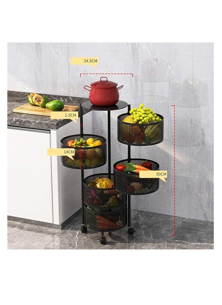 ARNOTEC - LIYING Multi-Layer Kitchen Storage Shelf, Round Steel Rotating with 4 Movable Wheels, Storage for Fruit and Vegetable Floor-Standing(5F Black) - Image 1
