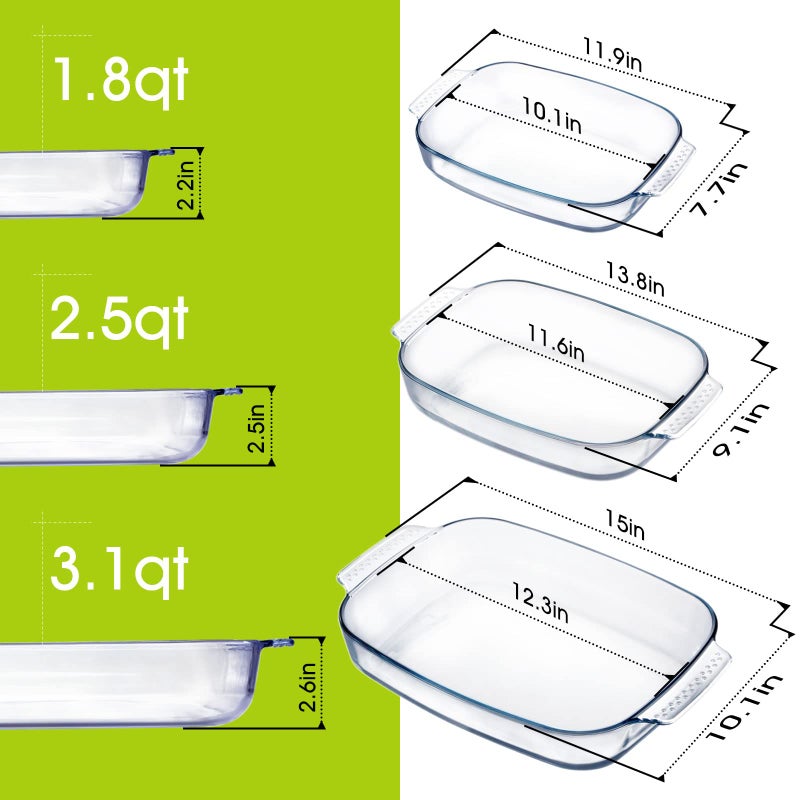 NUTRIUPS Large Glass Baking Dish Set, Easy Grab Oven Safe Glass Pan for Cooking 2 QT+2.7 QT+3.3 QT - Image 2