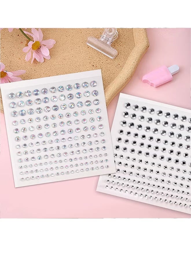 مجموعة من ورقتين من جواهر الوجه ذاتية اللصق - 330 قطعة من أحجار الراين الدائرية اللامعة باللون الفضي والليزر مع اللؤلؤ للعين والجسم وفن الأظافر ومكياج المهرجانات والحفلات - Image 3