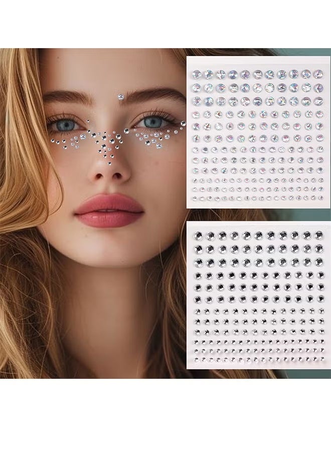مجموعة من ورقتين من جواهر الوجه ذاتية اللصق - 330 قطعة من أحجار الراين الدائرية اللامعة باللون الفضي والليزر مع اللؤلؤ للعين والجسم وفن الأظافر ومكياج المهرجانات والحفلات - Image 1