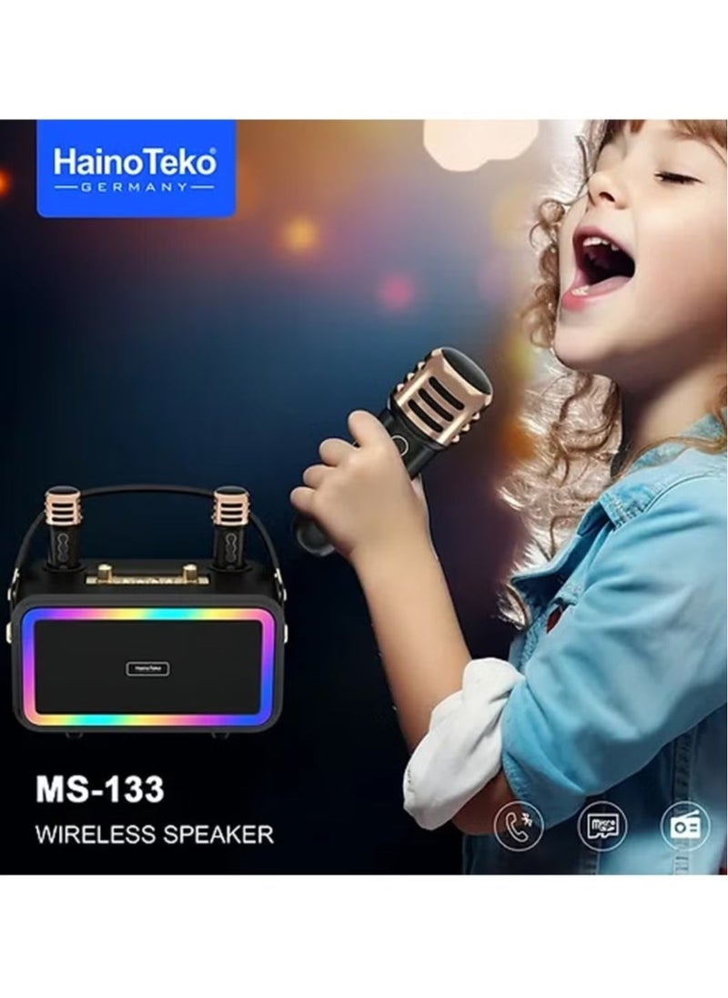 Haino Teko Portable Bluetooth Wireless Speaker with 2 Wireless Mics – High-Quality Sound, Built-in Rechargeable Battery, Compact Design for Parties, Events, Karaoke, and Outdoor Activities – Black  - Image 5