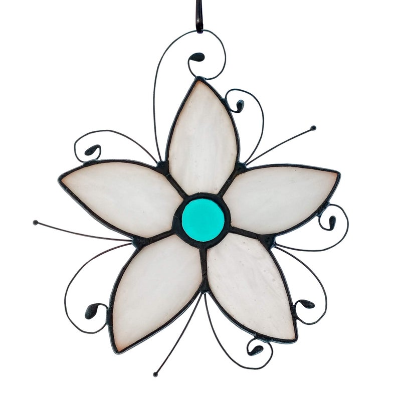 HAOSUM Forget Me Not Flower Stained Glass Window HangingsFlower Decoration Stained Glass Suncatcher for Kitchen WindowFlowers Gift for MomGrandma Birthday Gift for Women